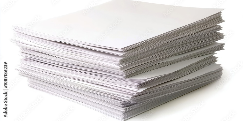 A collection of printed paper sheets is seen, positioned separately against a white background, clearly demonstrating the stack of papers. A collection of printed paper sheets is seen, positioned separately against a white background, clearly demonstrating the stack of papers.