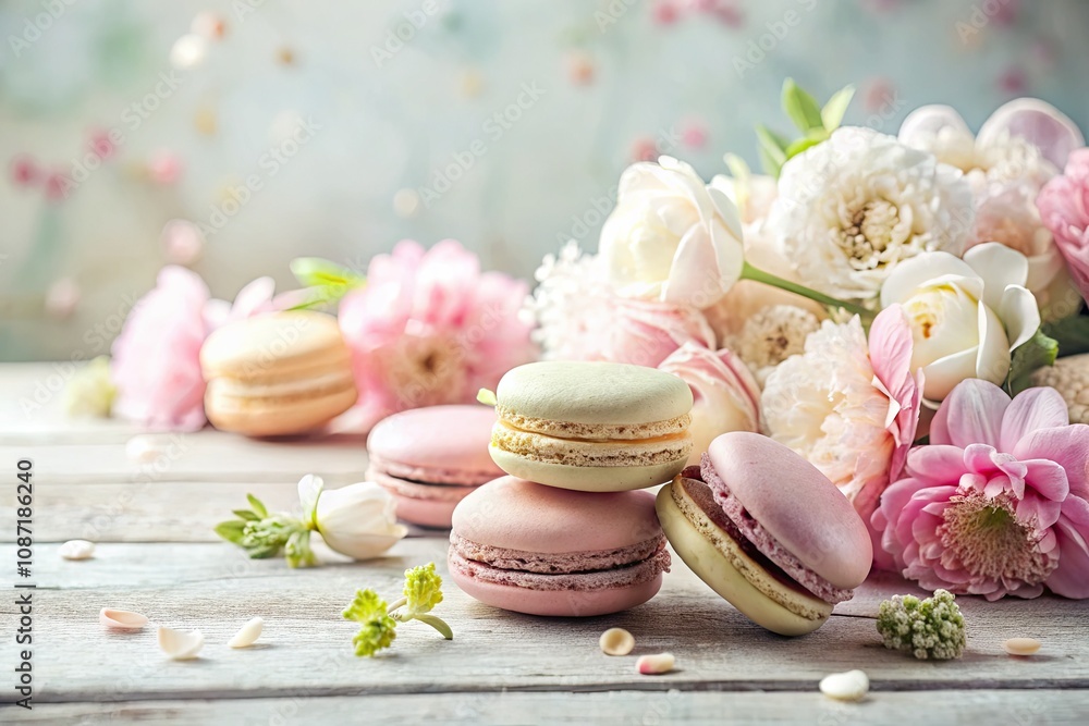 Elegant Pastel Flower and Macaron Arrangement for Serenity and Beauty Themes Elegant Pastel Flower and Macaron Arrangement for Serenity and Beauty Themes