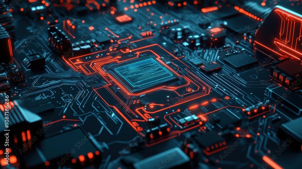 Close-up of a Circuit Board with Glowing Red and Blue Lines Close-up of a Circuit Board with Glowing Red and Blue Lines