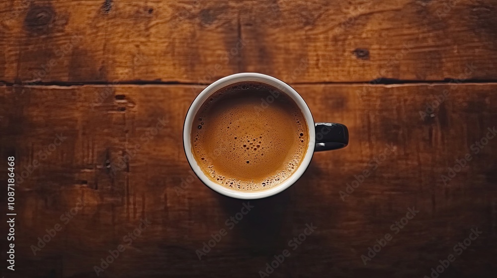 Top view of a coffee cup placed on a wooden table, offering ample copy space for creative text or design. Ideal element for advertisements or sales pages focused on coffee. Top view of a coffee cup placed on a wooden table, offering ample copy space for creative text or design. Ideal element for advertisements or sales pages focused on coffee.