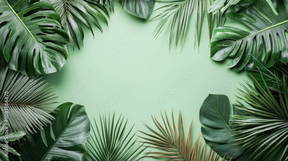 Promotion background for summer sale or big shopping event, designed with green palm leaves framing the composition, creating an inviting atmosphere on a light green backdrop. Promotion background for summer sale or big shopping event, designed with green palm leaves framing the composition, creating an inviting atmosphere on a light green backdrop.
