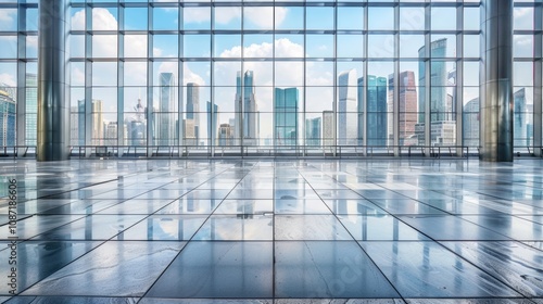 Empty square floor with city skyline background, Cosmopolitan square with towering skyline, dusk atmosphere