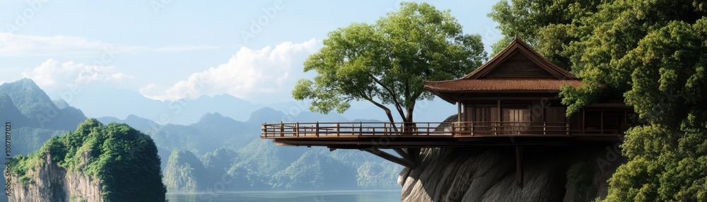 Scenic view of a traditional house perched on a cliff surrounded by lush greenery and mountains in the background.
