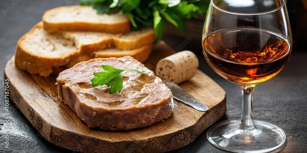 Bread accompanied by duck liver pate and paired with a glass of rich fortified wine. Enjoy the delightful combination of bread, pate, and wine. Bread accompanied by duck liver pate and paired with a glass of rich fortified wine. Enjoy the delightful combination of bread, pate, and wine.