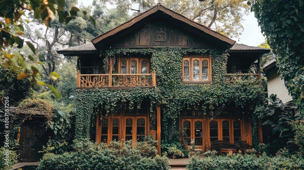 Charming Woodland Retreat Surrounded by Lush Greenery and Climbing Vines, Featuring Rustic Wooden Architecture and Inviting Cozy Window Seats Charming Woodland Retreat Surrounded by Lush Greenery and Climbing Vines, Featuring Rustic Wooden Architecture and Inviting Cozy Window Seats
