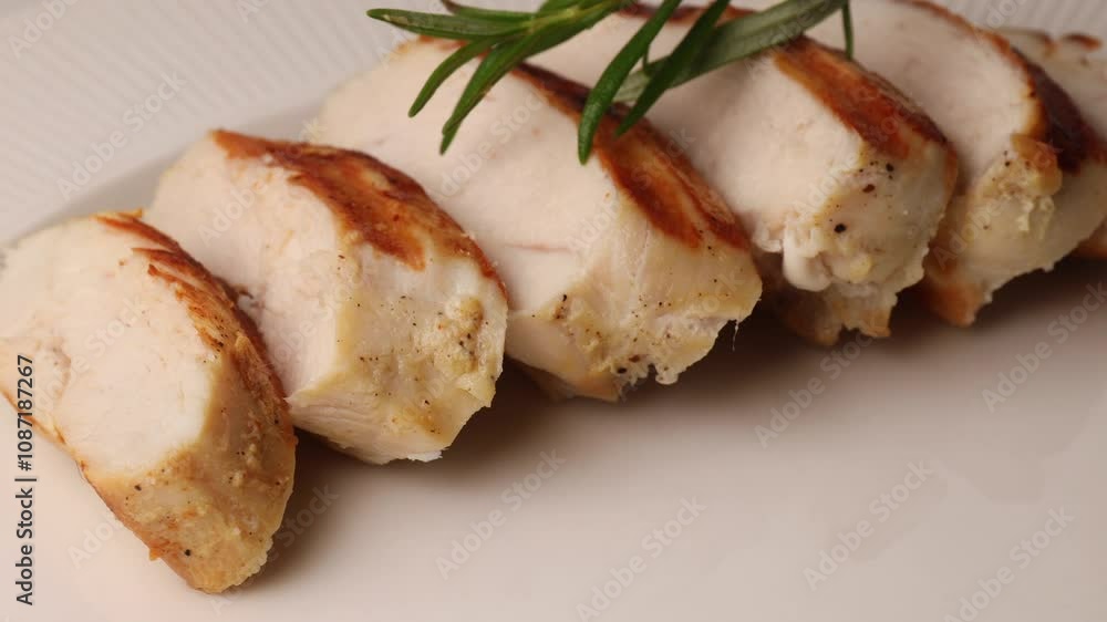 Perfectly grilled chicken breast slices arranged on a white plate, garnished with a sprig of fresh rosemary for an elegant presentation. juicy pieces of turkey with a sprig of rosemary Perfectly grilled chicken breast slices arranged on a white plate, garnished with a sprig of fresh rosemary for an elegant presentation. juicy pieces of turkey with a sprig of rosemary