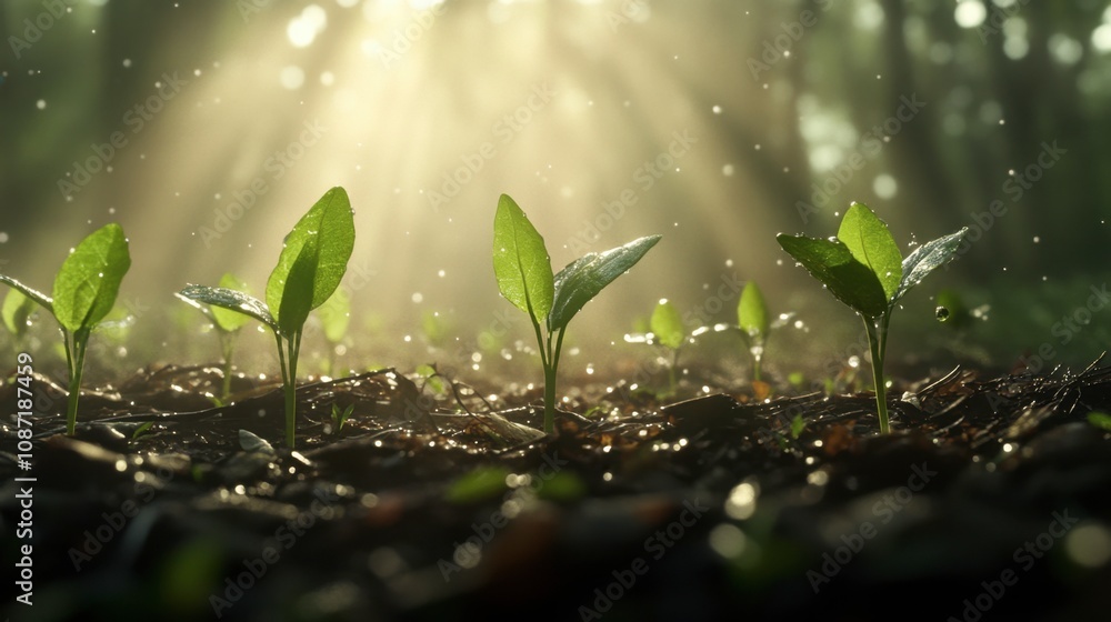 Seedlings growing in a misty forest floor, surrounded by fallen leaves and filtered sunlight creating a serene atmosphere. Seedlings growing in a misty forest floor, surrounded by fallen leaves and filtered sunlight creating a serene atmosphere.