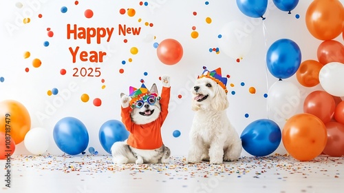 Adorable cat and dog dressed in festive attire including colorful hats and New Year s glasses happily celebrating the arrival of the new year 2025 amidst a backdrop of balloons and confetti photo