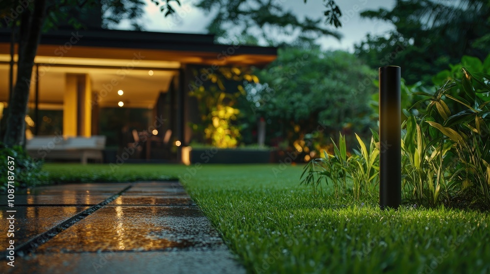 Fototapeta premium Efficient LED lighting pole brightens up the lush wet grass, creating an inviting ambiance in a serene setting. The efficient LED lighting enhances the beauty of the greenery.