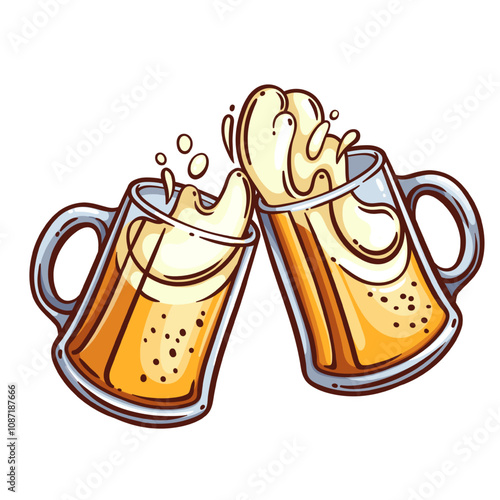 Clinking beer glass mugs line icon. Outline hand drawn two cups with beer splash and froth, vintage cheers emblem. Oktoberfest, toast mascot, alcohol party in pub color icon vector illustration