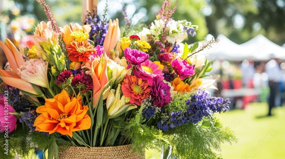 Vibrant floral arrangements create a lively atmosphere at an outdoor market, capturing the essence of summer with bright colors and textures, perfect for use in various designs. Vibrant floral arrangements create a lively atmosphere at an outdoor market, capturing the essence of summer with bright colors and textures, perfect for use in various designs.