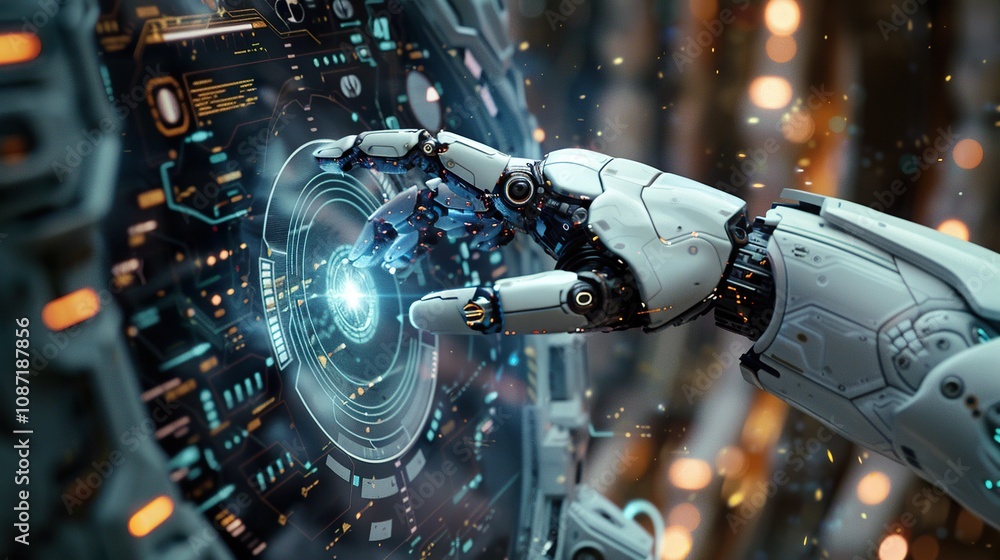 Sleek Futuristic Robot Arm Interacting with Holographic Interface: A High-Tech AI Concept Image Perfect for illustrating artificial intelligence Sleek Futuristic Robot Arm Interacting with Holographic Interface: A High-Tech AI Concept Image Perfect for illustrating artificial intelligence