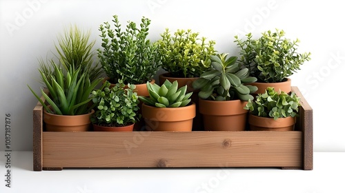 Handmade wooden flower box housing a curated selection of healthy vibrant potted plants set against a pristine white backdrop This natural