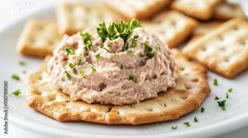 Delicate erved on artisan crackers, sharp white backdrop, [appetizers], [gourmet traditions]