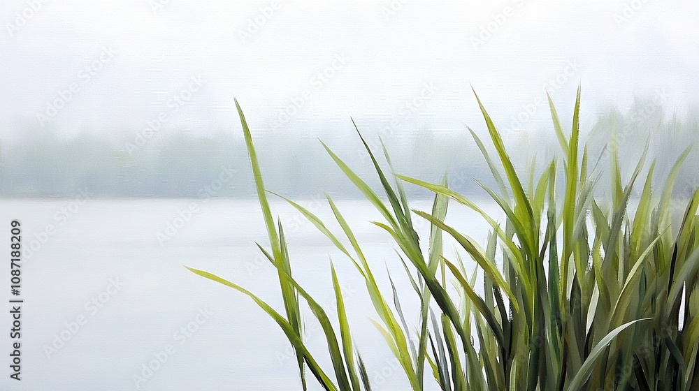 Obraz premium A shot of water with greenery upfront and hazy clouds behind