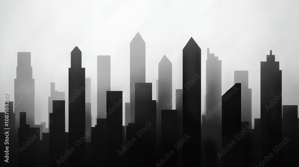 A photo captures a black-and-white urban landscape with towering skyscrapers in the foreground and hazy fog in the backdrop A photo captures a black-and-white urban landscape with towering skyscrapers in the foreground and hazy fog in the backdrop
