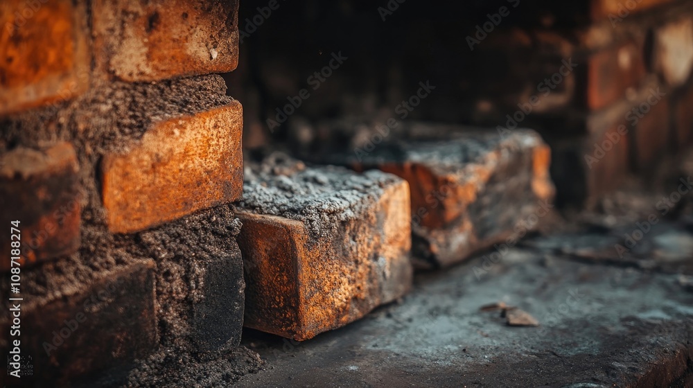 Close-up capture of a dusty fireplace highlighting soot-stained bricks, offering a detailed view of their texture and charm. Dusty fireplace composition with ample copy space. Close-up capture of a dusty fireplace highlighting soot-stained bricks, offering a detailed view of their texture and charm. Dusty fireplace composition with ample copy space.