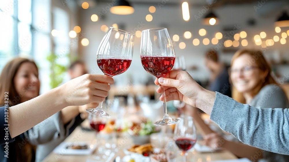 Hands of business colleagues raising red wine glasses in a toast capturing the spirit of achievement teamwork and in a corporate or office setting with a soft blurred bokeh lighting background Hands of business colleagues raising red wine glasses in a toast capturing the spirit of achievement teamwork and in a corporate or office setting with a soft blurred bokeh lighting background
