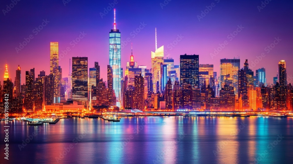 Obraz premium Vibrant New York City skyline illuminated at night, skyscrapers glowing against a deep blue sky, bustling urban life below.