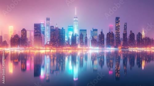 New York City Nightscape, vibrant skyline illuminated by city lights, towering skyscrapers against a dark sky, dynamic urban atmosphere