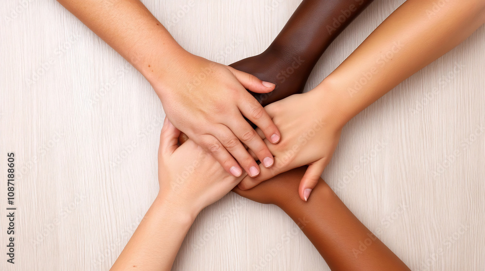 Hands Joining Together on Table Symbolizing Teamwork and Trust in Business Hands Joining Together on Table Symbolizing Teamwork and Trust in Business