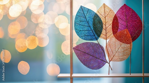   Three vibrant leaves atop a metallic stand, framed by window and distant light photo