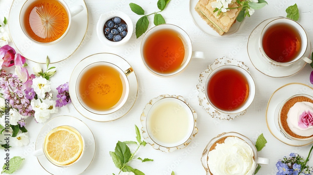A white table topped with tea-filled cups and diverse fruit on top A white table topped with tea-filled cups and diverse fruit on top