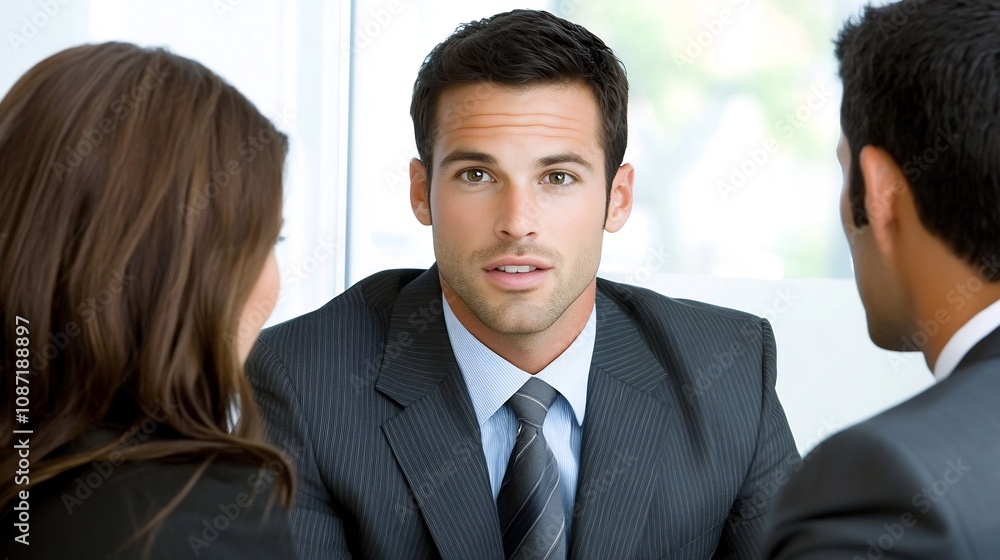Financial Advisor Discussing Investment Strategies with Business Executives in Corporate Meeting Financial Advisor Discussing Investment Strategies with Business Executives in Corporate Meeting