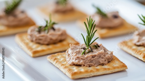 Delicate served on artisan crackers, sharp white backdrop, [appetizers], [gourmet traditions]