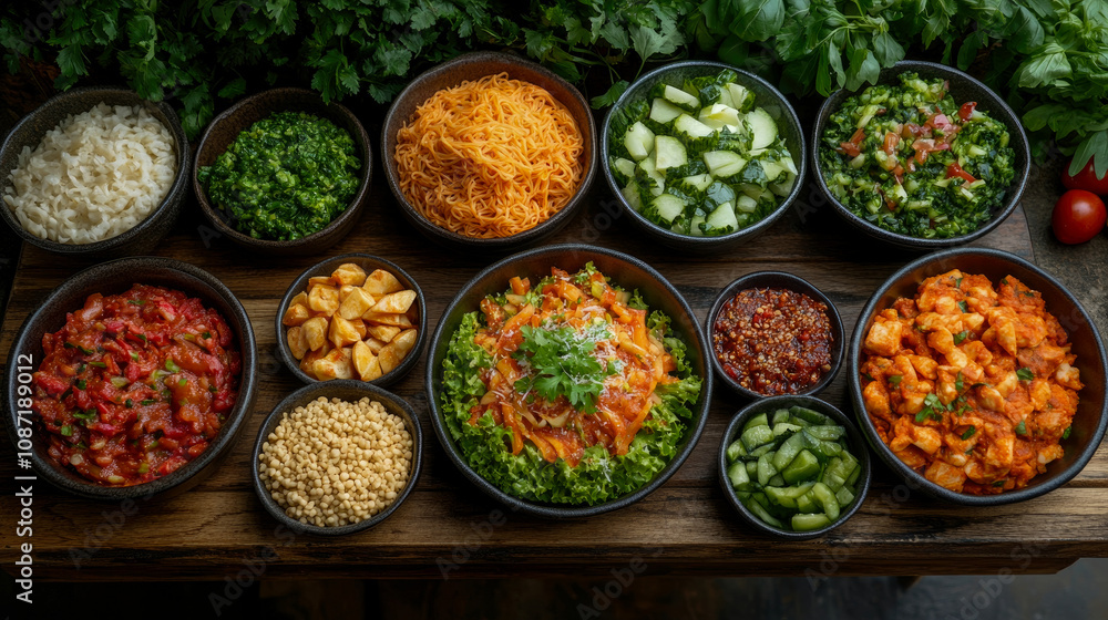 A variety of fresh ingredients and cooked dishes are beautifully arranged on a rustic table, inviting everyone to enjoy a flavorful feast together A variety of fresh ingredients and cooked dishes are beautifully arranged on a rustic table, inviting everyone to enjoy a flavorful feast together