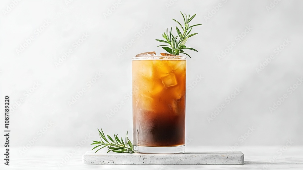 A tall glass brimming with ice and adorned with a sprig of rosemary rests atop a marble slab A tall glass brimming with ice and adorned with a sprig of rosemary rests atop a marble slab
