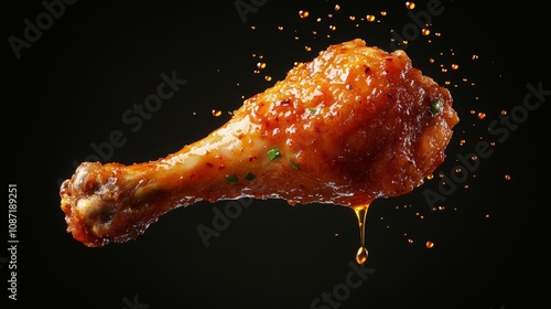 Fried chicken leg soaring through the air, coated in oil and chili sauce, dramatic black backdrop, vibrant and bold presentation photo