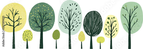 A series of  cute and simple vector trees in a hand-drawn doodle style