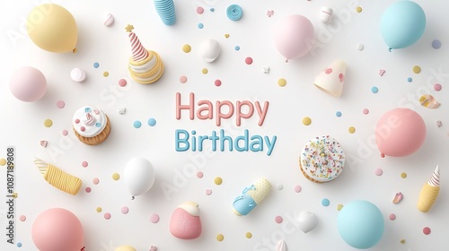 Vibrant and Festive Birthday Background with a Colorful Array of Balloons Confetti and a Beautifully Decorated Cake Surrounding Happy Birthday Text photo