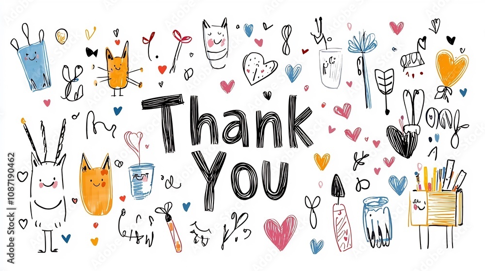 Colorful and whimsical hand drawn Thank You text design decorated with tiny hearts confetti and a playful style perfect for a kids card greeting or other holiday and needs on a white background Colorful and whimsical hand drawn Thank You text design decorated with tiny hearts confetti and a playful style perfect for a kids card greeting or other holiday and needs on a white background