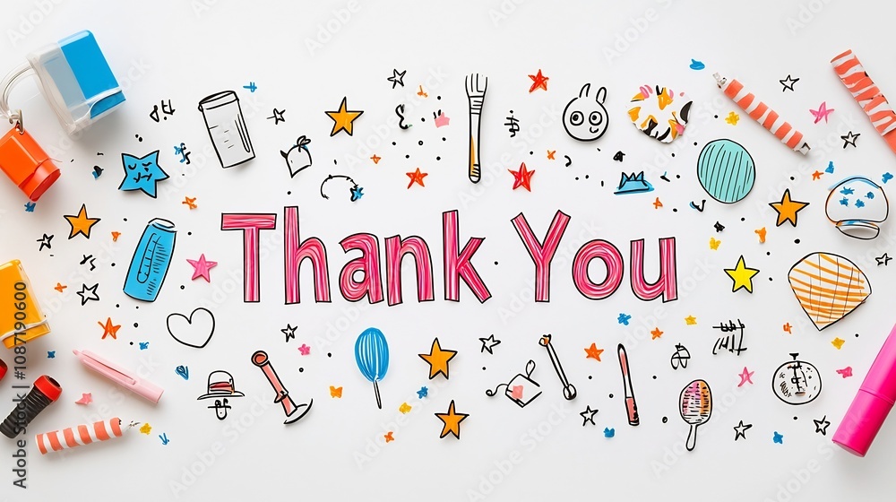 Vibrant and Cheerful Handwritten Thank You Card with Whimsical Doodles and Stars on a White Background Bright Hand Drawn Typography with Cute Decorative Elements Creates a Friendly Vibrant and Cheerful Handwritten Thank You Card with Whimsical Doodles and Stars on a White Background Bright Hand Drawn Typography with Cute Decorative Elements Creates a Friendly