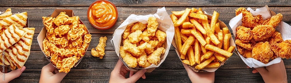 Four Kinds of Fast Food in Paper Containers Four Kinds of Fast Food in Paper Containers