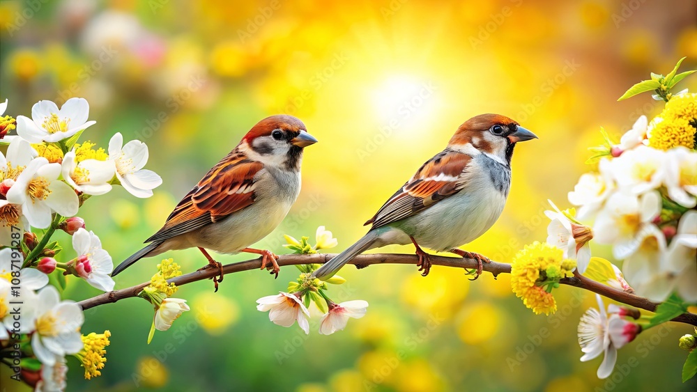 Two Charming Sparrows Perched on a Blossom-Laden Branch Amidst a Vibrant Spring Background Filled with Colorful Flowers and Gentle Sunlight Two Charming Sparrows Perched on a Blossom-Laden Branch Amidst a Vibrant Spring Background Filled with Colorful Flowers and Gentle Sunlight