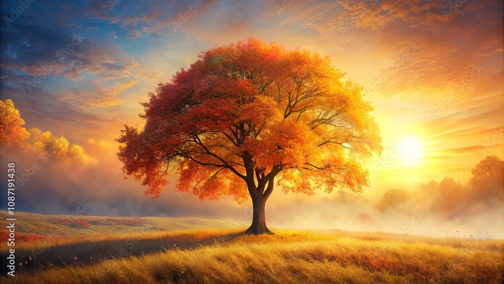 Serene Autumn Sunrise A solitary tree ablaze with fiery foliage, bathed in the golden light of a breathtaking dawn, stands majestically in a misty field Serene Autumn Sunrise A solitary tree ablaze with fiery foliage, bathed in the golden light of a breathtaking dawn, stands majestically in a misty field