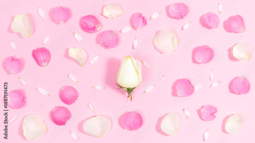 Pink and white natural petals of rose and chamomile flowers with rose bud in center on a pastel pink background. Pink and white natural petals of rose and chamomile flowers with rose bud in center on a pastel pink background.