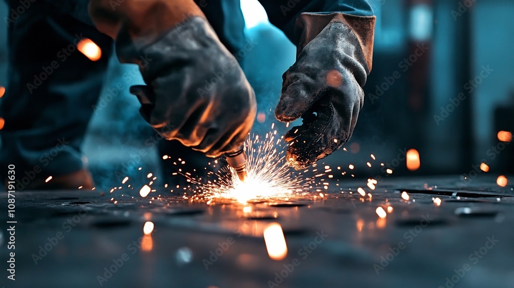 Close-up of Worker Welding Metal Structure in Factory Workshop with Sparks Bursting Close-up of Worker Welding Metal Structure in Factory Workshop with Sparks Bursting