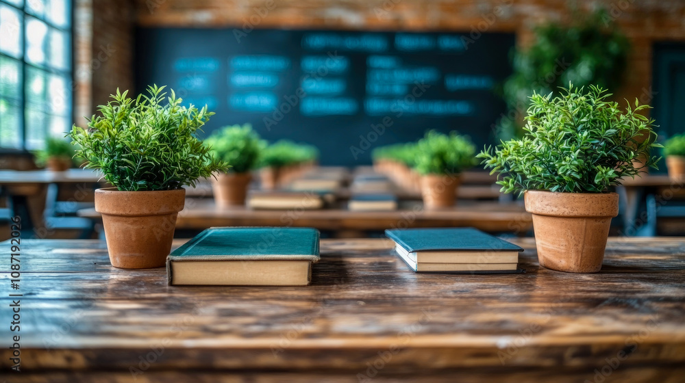 A warm classroom features wooden tables with books and green potted plants, creating an inviting atmosphere for learning and creativity A warm classroom features wooden tables with books and green potted plants, creating an inviting atmosphere for learning and creativity