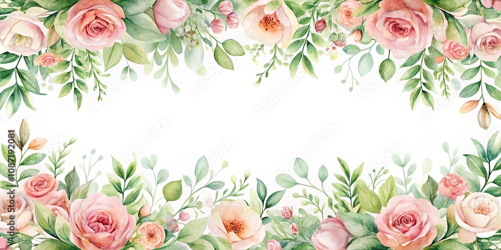 Obraz premium Elegant Watercolor Floral Border Design with Soft Pink Roses and Lush Greenery