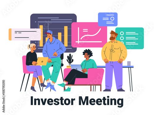 Investor meeting business team collaboration concept. Diverse group discussing charts and data with laptops in modern office setting. Colorful design elements