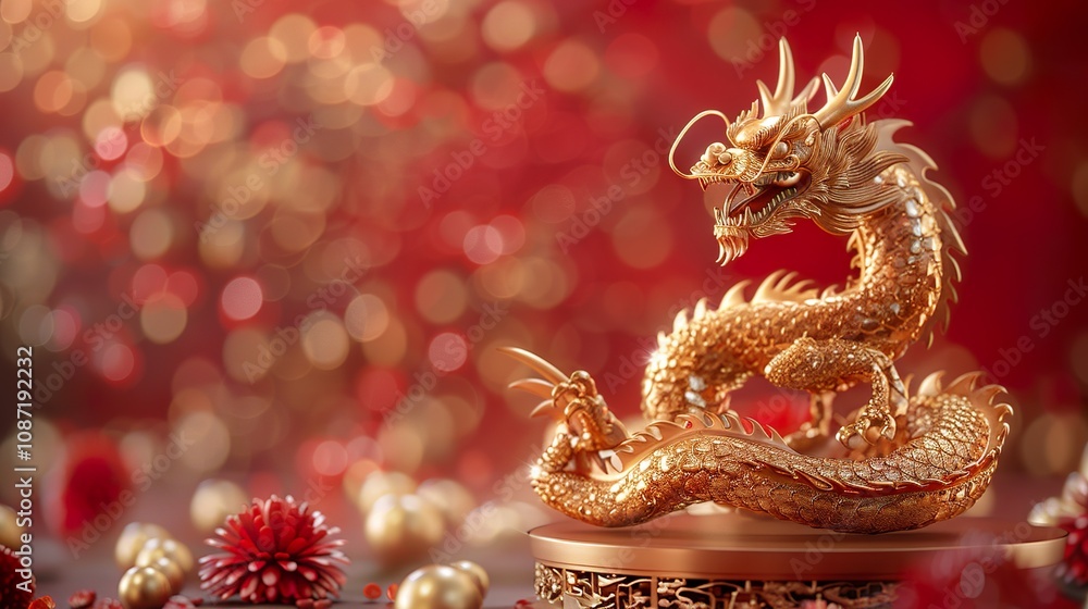A majestic 3D golden Chinese dragon, poised on a regal podium, is dramatically showcased against a vibrant red and gold backdrop, ideal for celebrating the Lunar New Year A majestic 3D golden Chinese dragon, poised on a regal podium, is dramatically showcased against a vibrant red and gold backdrop, ideal for celebrating the Lunar New Year