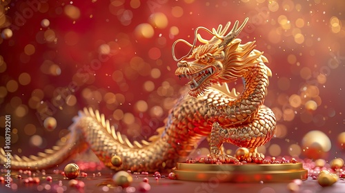 Wallpaper Mural A majestic 3D golden Chinese dragon, symbol of power and prosperity, majestically perched on a golden podium against a rich red and gold background, ideal for celebrating the Lunar New Year Torontodigital.ca