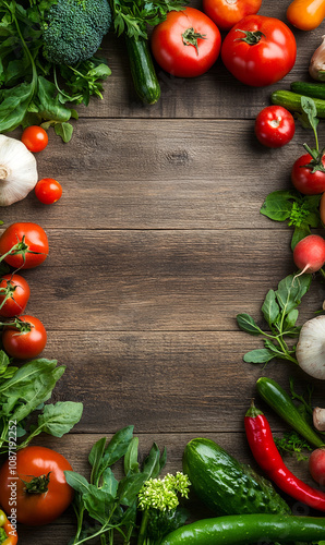 Frame of fresh vegetables in wooden background