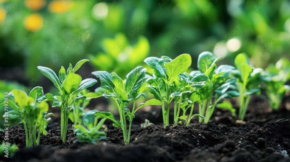 Seedlings in a community garden bed, with a mix of vegetables and flowers growing together in a harmonious setting. Seedlings in a community garden bed, with a mix of vegetables and flowers growing together in a harmonious setting.