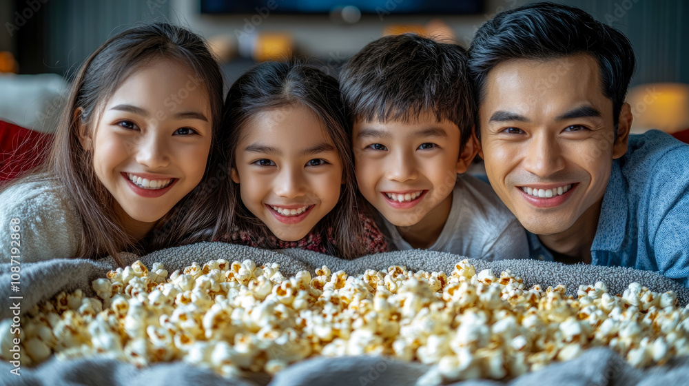 A cheerful family gathers together in their cozy living room for movie night, surrounded by a blanket of popcorn and sharing joyful moments A cheerful family gathers together in their cozy living room for movie night, surrounded by a blanket of popcorn and sharing joyful moments
