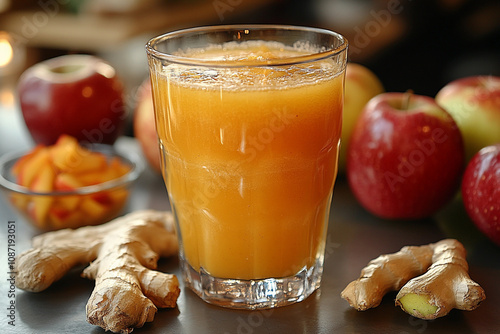 Fresh ginger and apple juice served on a table with whole fruits and ginger root nearby photo